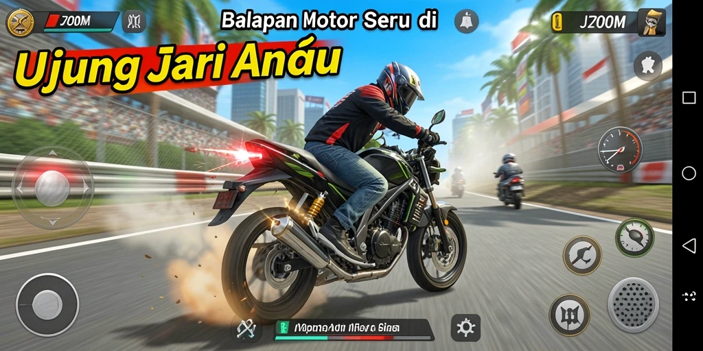 Screenshot utama J200M menampilkan aksi balapan motor yang mendebarkan.