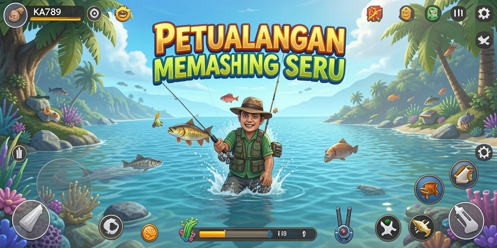 Tampilan utama gameplay KA789, menampilkan aksi memancing di lokasi indah.