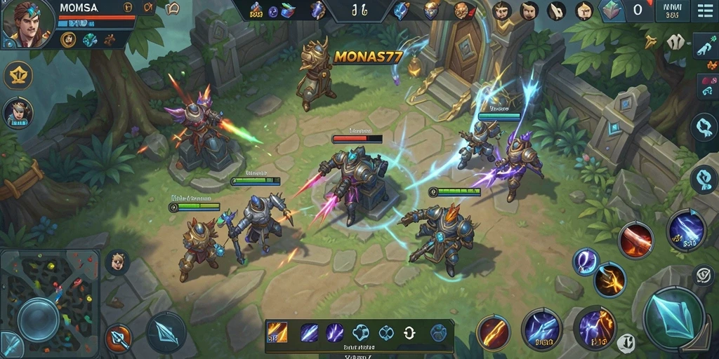 Tangkapan layar gameplay seru dari MONAS77 yang menampilkan aksi MOBA.