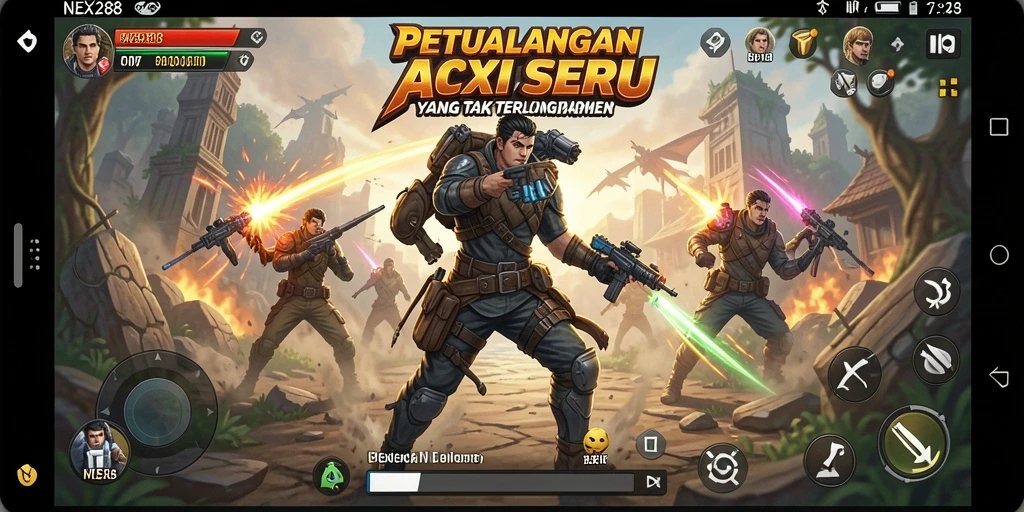 Tangkapan layar utama NEX288 menunjukkan pertarungan aksi yang mendebarkan.