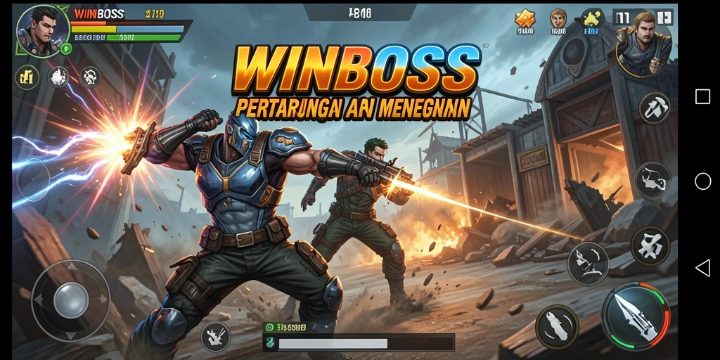 Screenshot utama WINBOSS menunjukkan aksi bertarung yang intens dan mendebarkan.